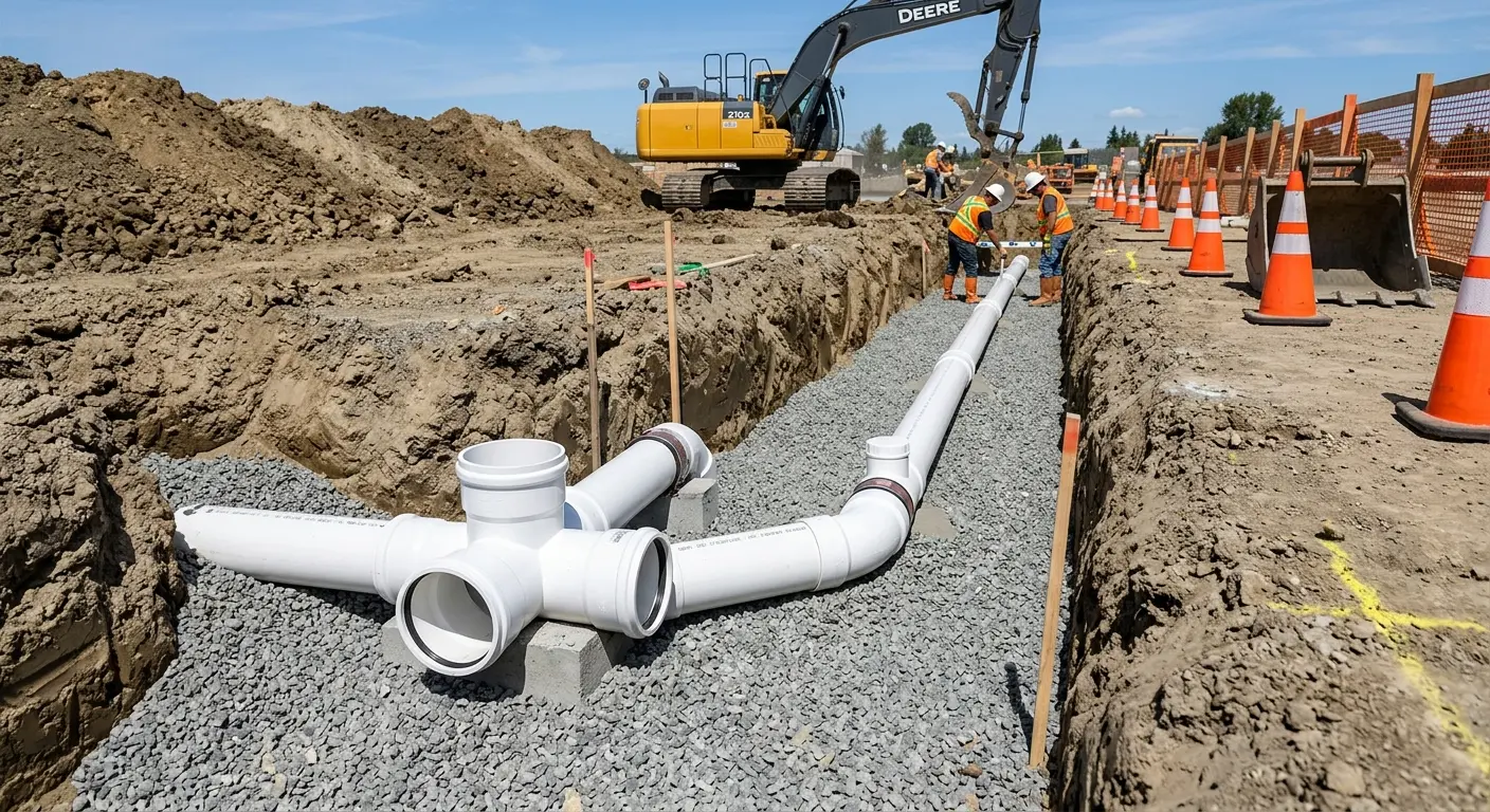 New PVC sewer pipe installation in open trench for Commercial Drain Cleaning in Lake Havasu City