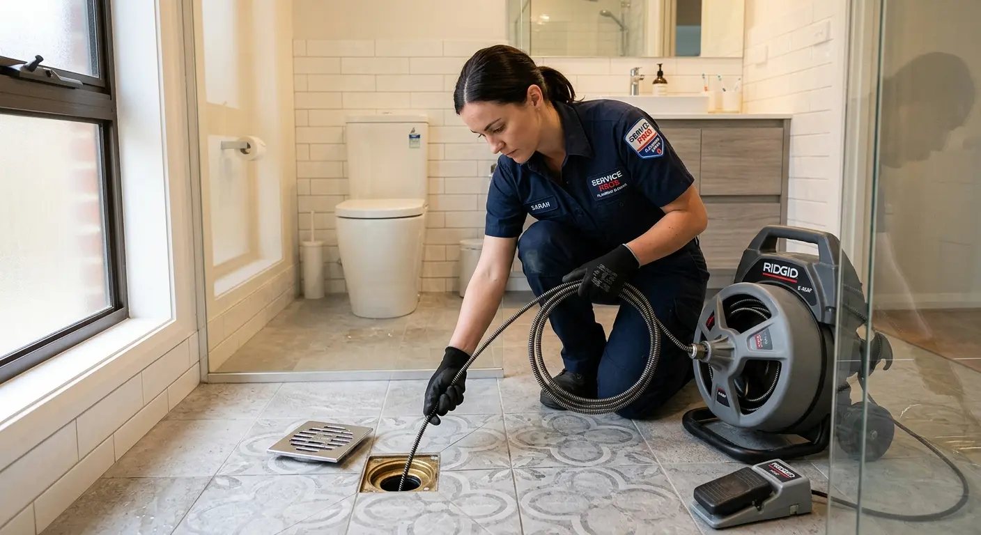 Technician clearing a bathroom floor drain for Clogged Drain Repair in Lake Havasu City